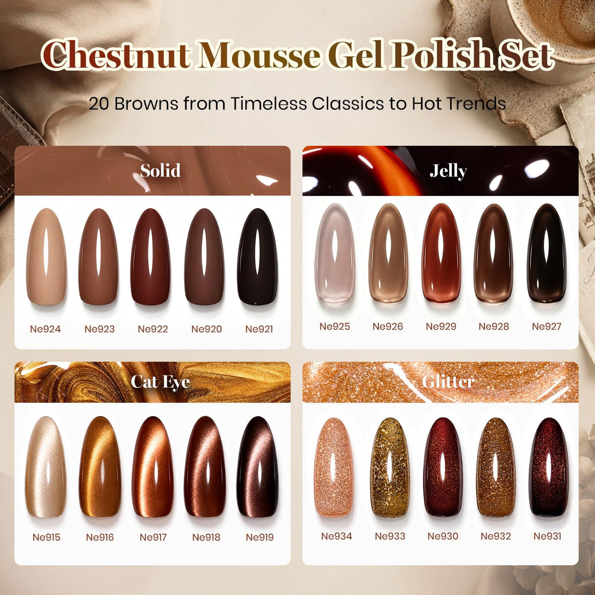 Beetles Fall Gel Nail Polish Set, 20 Colors Orange Yellow Brown