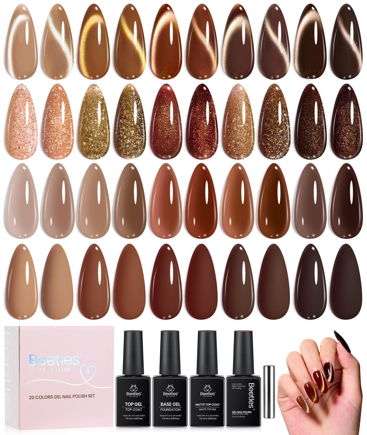 Beetles Fall Gel Nail Polish Set, 20 Colors Orange Yellow Brown