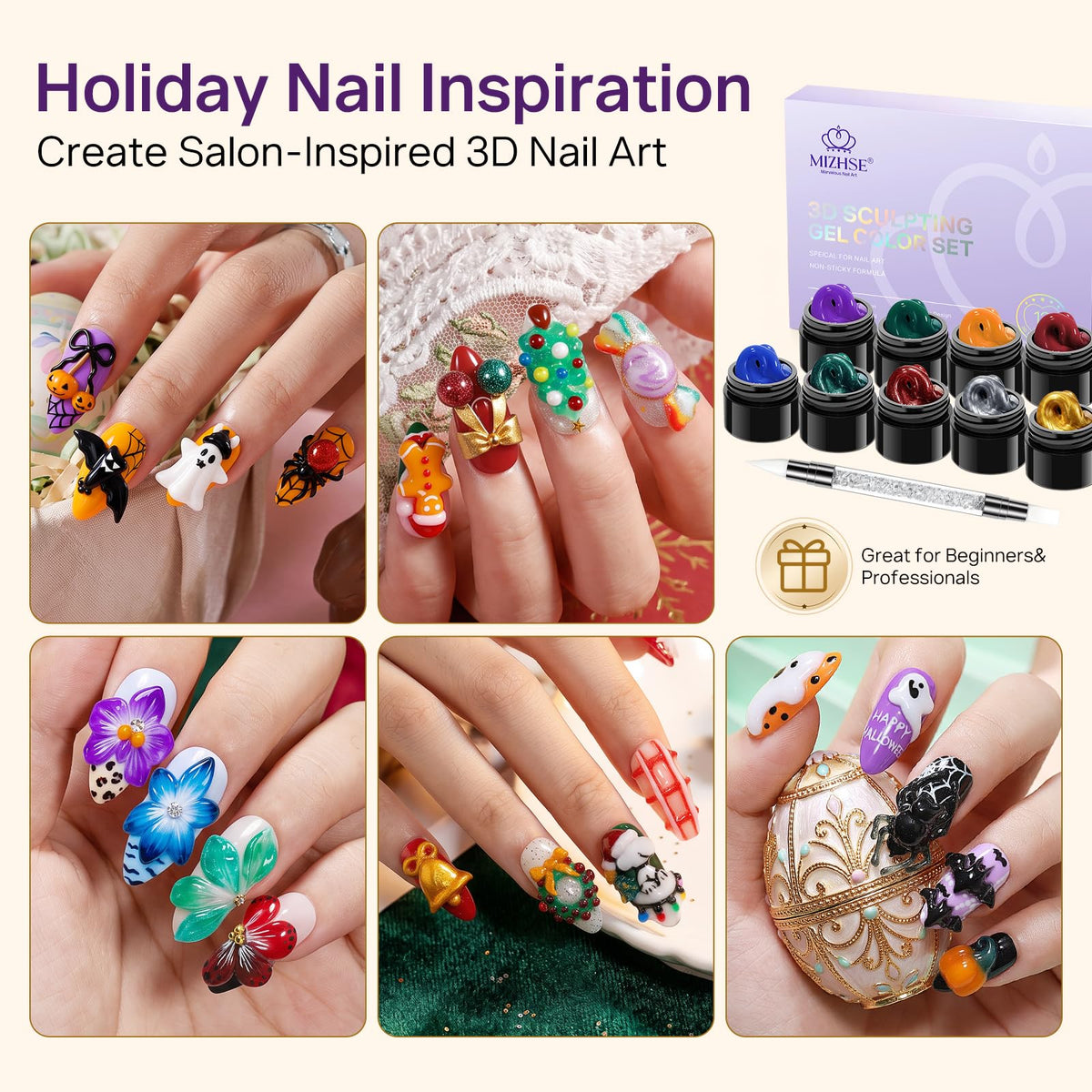 MIZHSE 3D Nail Scupting Gel for Nail Art, 6PCS Neon Colors Non-sticky