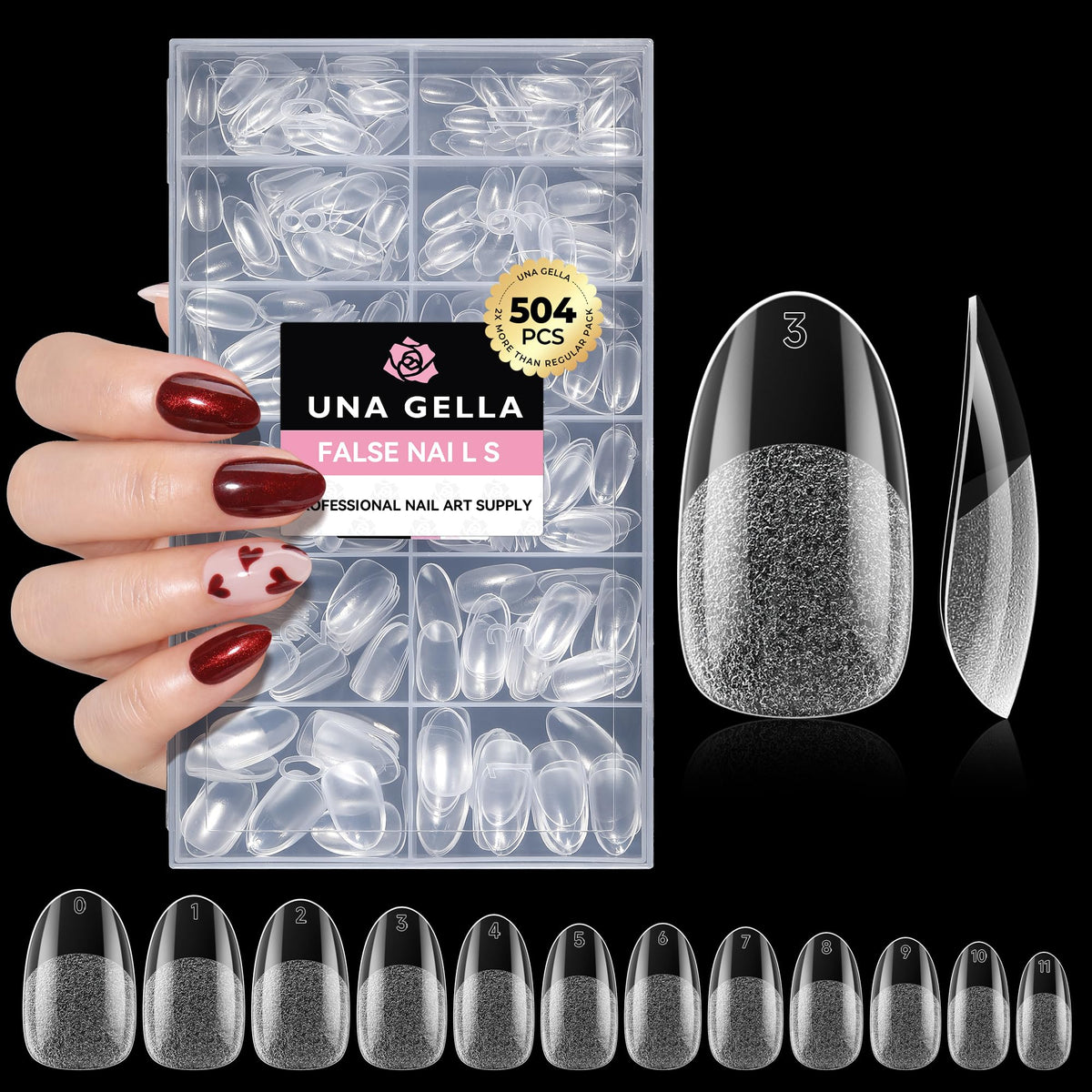 UNA GELLA Almond Gel Nail Tips 504PCS Pre-Etched Clear Fake Nails Tips
