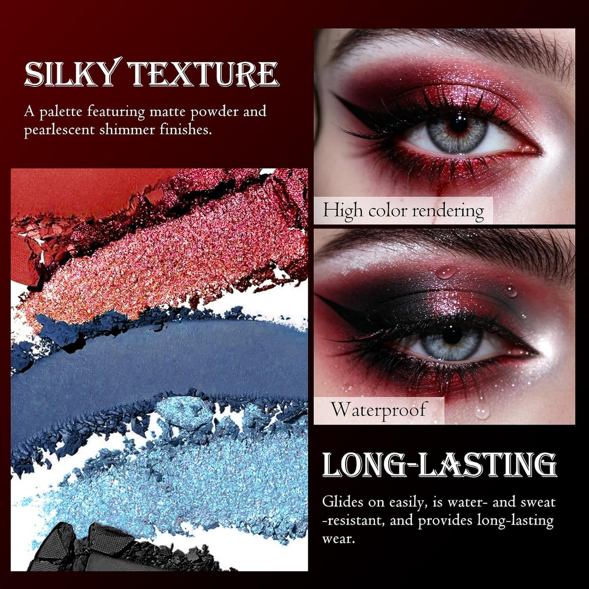 9 Colors Black White Red Blue Eyeshadow Palette, High Pigmented Long Lasting Matte Glitter Smokey Eye Shadow for Christmas Goth Halloween Clown Zombie Vampire Skeleton Joker Costume Makeup
