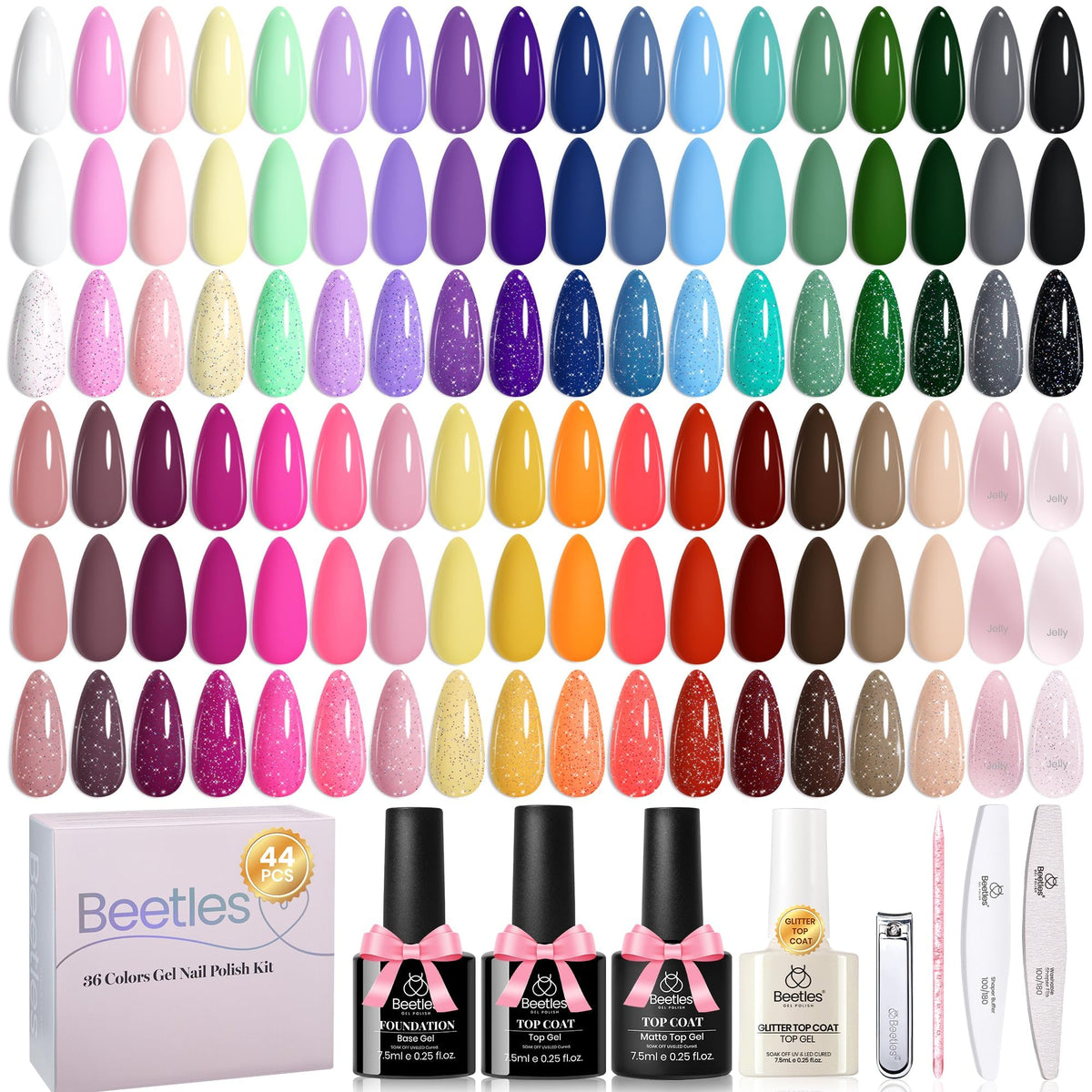 Beetles Gel Nail Polish Set, 63 PCS 55 Colors Gel Polish Kit with Base Coat