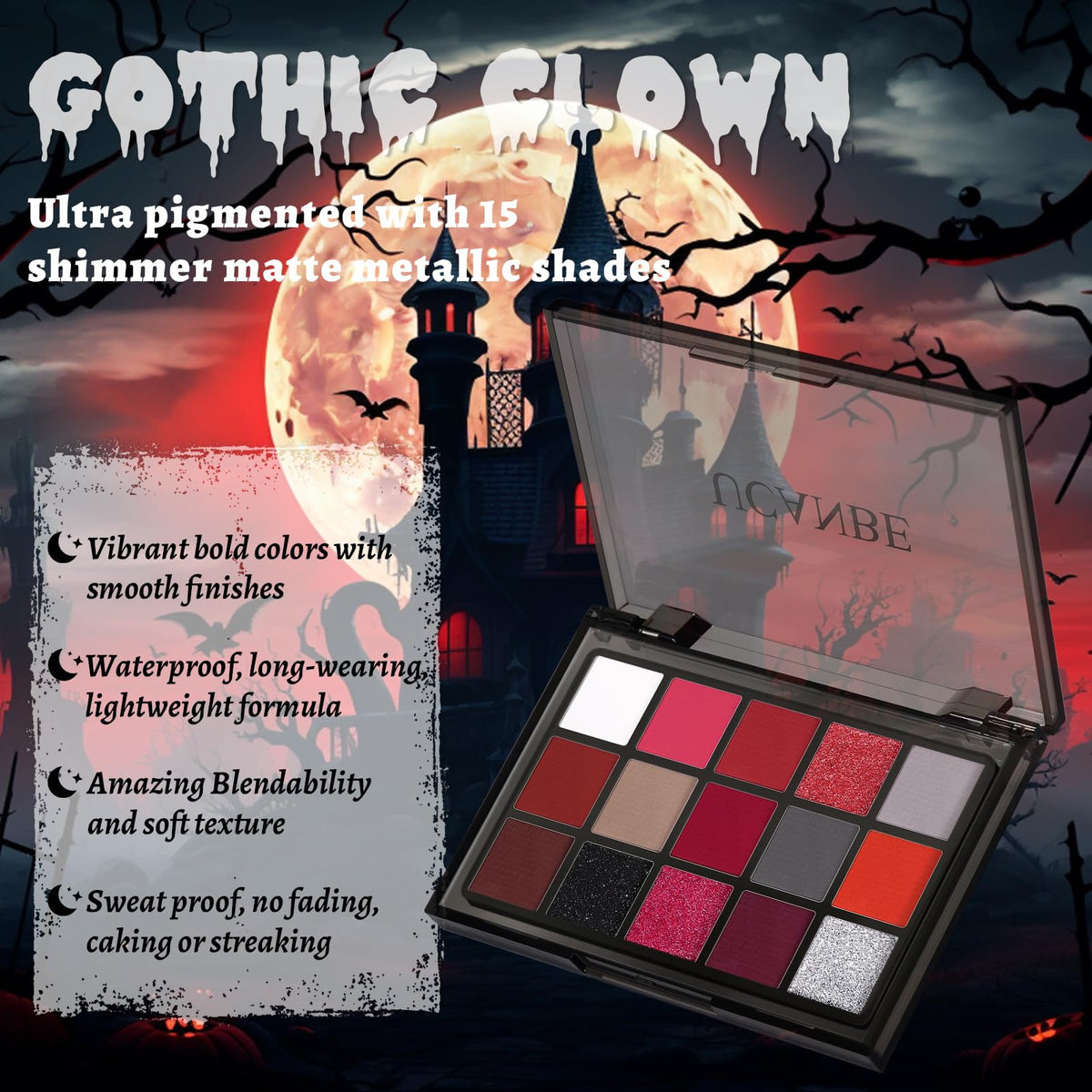 UCANBE Halloween Makeup Kit – 15-Color Purple Eyeshadow Palette, White Liquid Foundation, Purple Liquid Lipstick, Black Eyeliner, Setting Powder & Sponges Makeup Set for Cosplay Witch Devil Sorceress