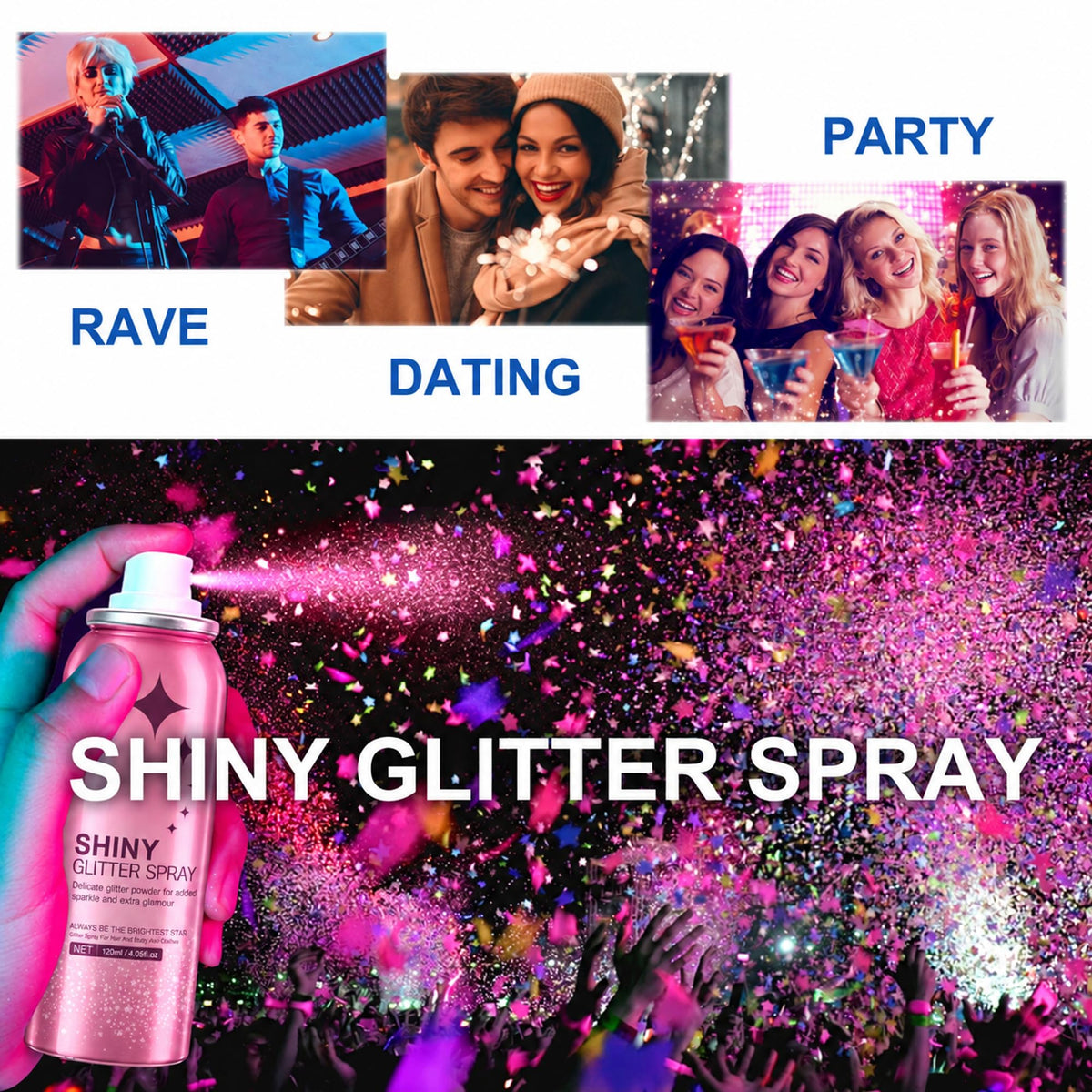 HANYWIL Body Glitter, Glitter Spray for Hair and Body, Spray, Hairspray Clothes, Long-Lasting Shimmer Suitable Stage, Festival Rave Makeup Prom 2.11 Fl Oz