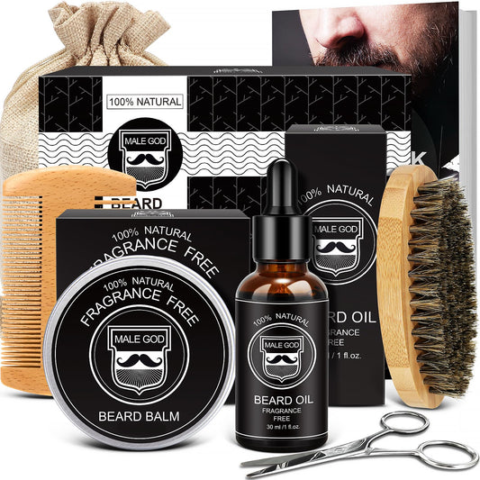 MALE GOD Beard Kit, Beard Growth Kit w/Natural Ingredients Beard Oil & Balm & Comb, Beard Growth Oil w/4X Thickening Biotin, Fathers Day | Chrismtas | Birthday Gifts for Men Him Husband Boyfriend Dad