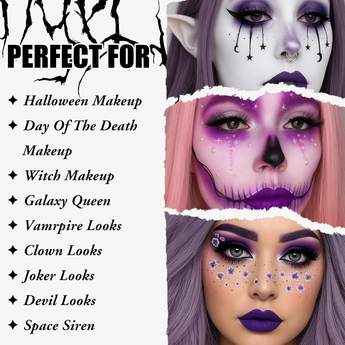 UCANBE Halloween Makeup Kit – 15-Color Purple Eyeshadow Palette, White Liquid Foundation, Purple Liquid Lipstick, Black Eyeliner, Setting Powder & Sponges Makeup Set for Cosplay Witch Devil Sorceress