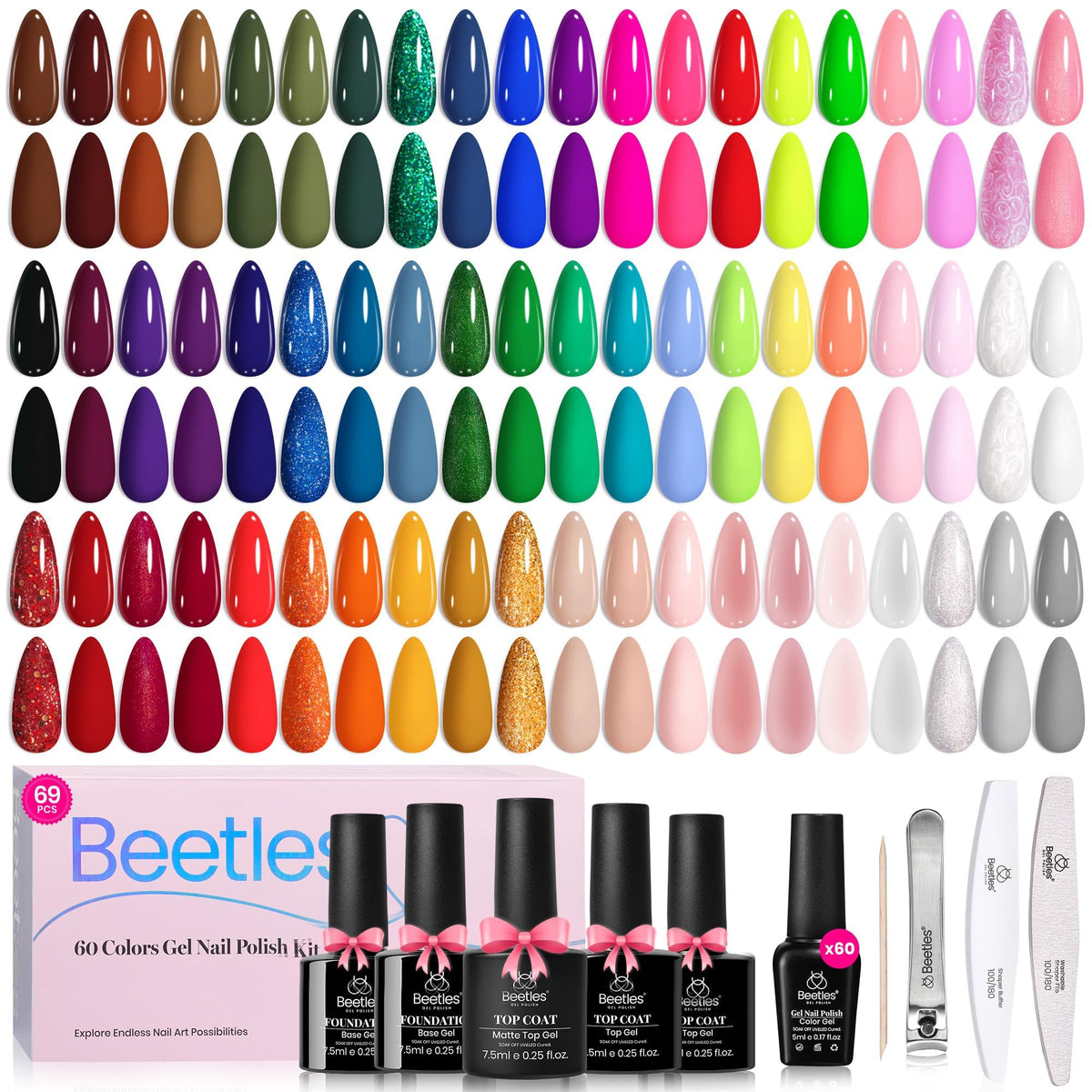 Beetles Gel Nail Polish Set, 63 PCS 55 Colors Gel Polish Kit with Base Coat