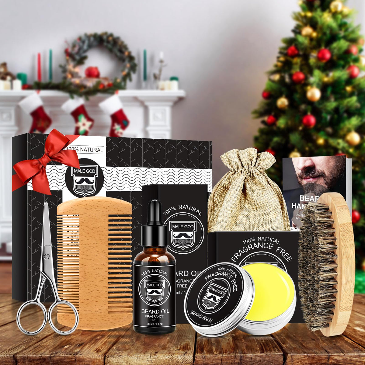 MALE GOD Beard Kit, Beard Growth Kit w/Natural Ingredients Beard Oil & Balm & Comb, Beard Growth Oil w/4X Thickening Biotin, Fathers Day | Chrismtas | Birthday Gifts for Men Him Husband Boyfriend Dad