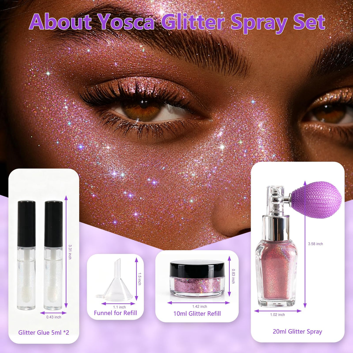 Yosca Body Glitter Spray, 30ML Holographic Body Shimmer Powder Hair Spray