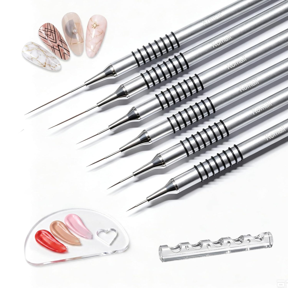 Komall Metallic Nail Art Brushes, 6Pcs Non-slip Liner Brushes Set, Silver