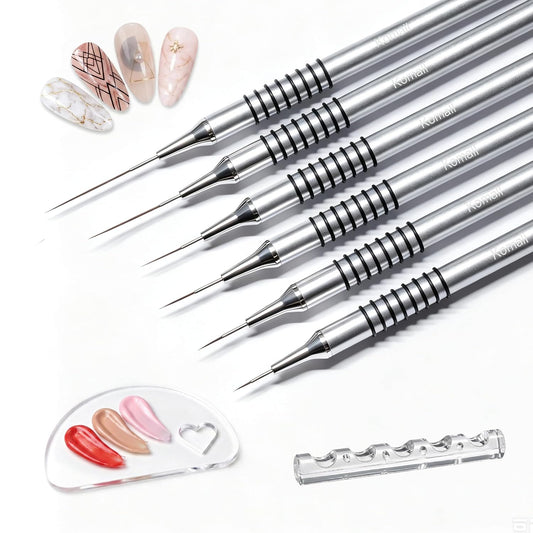 Komall Metallic Nail Art Brushes, 6Pcs Non-slip Liner Brushes Set, Silver
