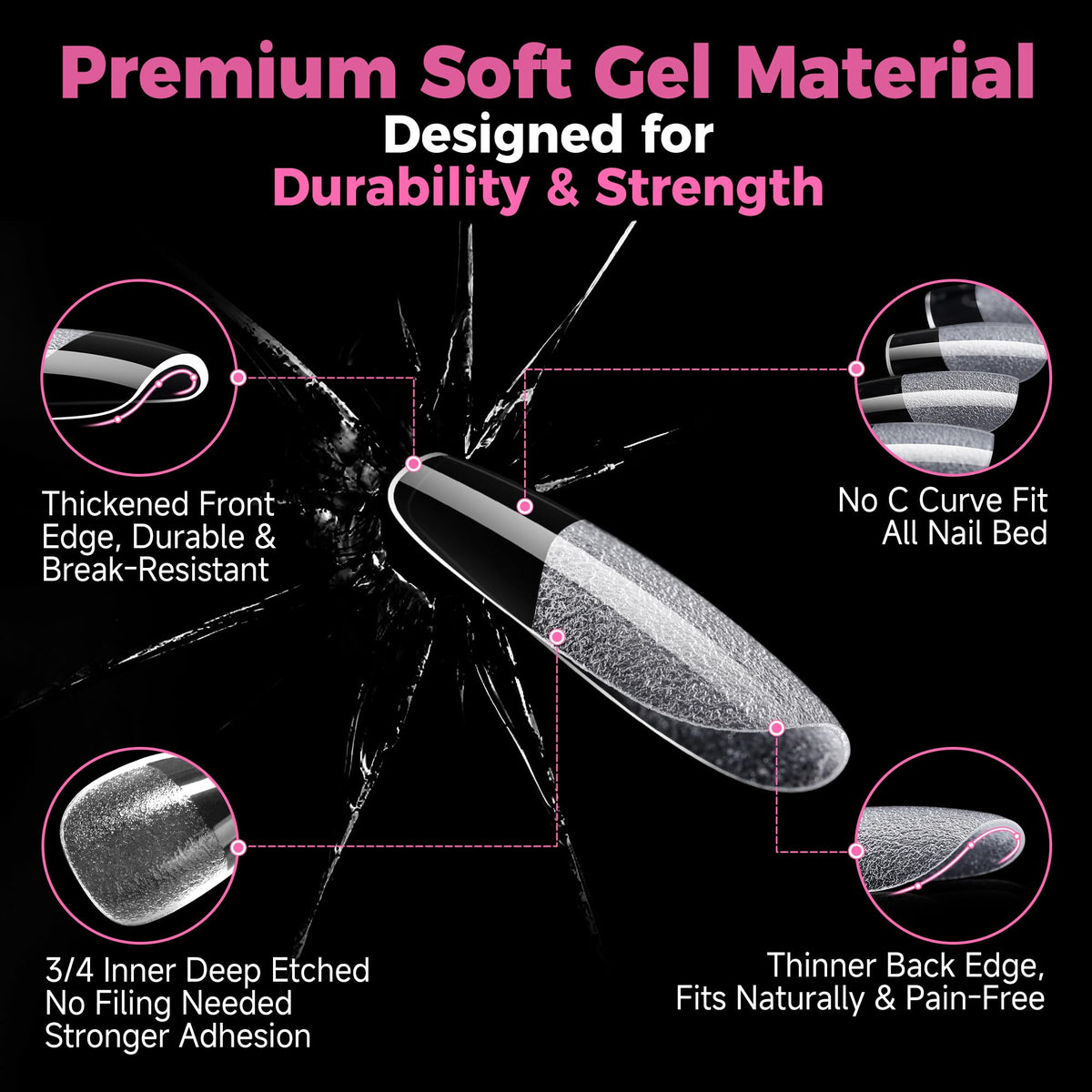 UNA GELLA Almond Gel Nail Tips 504PCS Pre-Etched Clear Fake Nails Tips