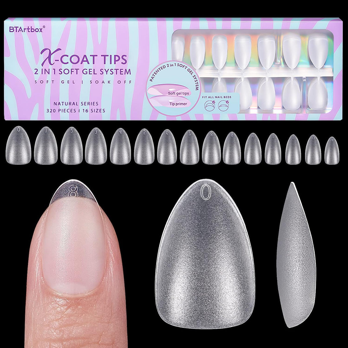BTArtbox Half Cover Clear Fake Nails with Case, Long Square, 500 Pcs