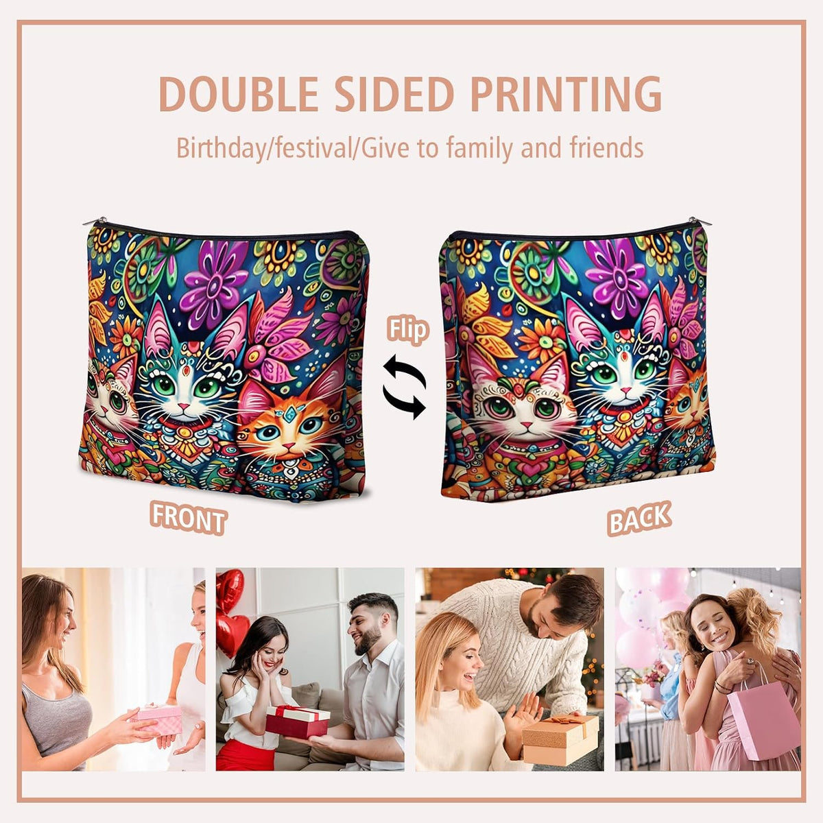 Bohemian Cat Mom Makeup Bag For Women & Teen Girl Cat Lover Gifts. Cute Boho Cats Themed Cosmetic & Toiletry Organizer Pouch For Daughters, Sisters, Friends.Ideal Gift For Travel, Christmas.