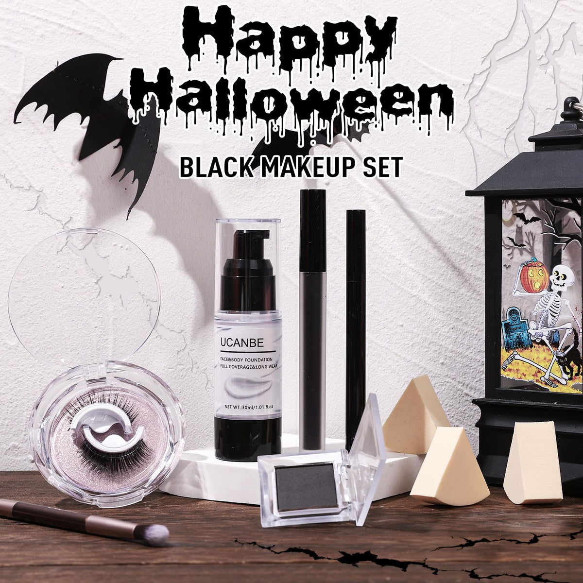 UCANBE Halloween Makeup Kit – 15-Color Purple Eyeshadow Palette, White Liquid Foundation, Purple Liquid Lipstick, Black Eyeliner, Setting Powder & Sponges Makeup Set for Cosplay Witch Devil Sorceress