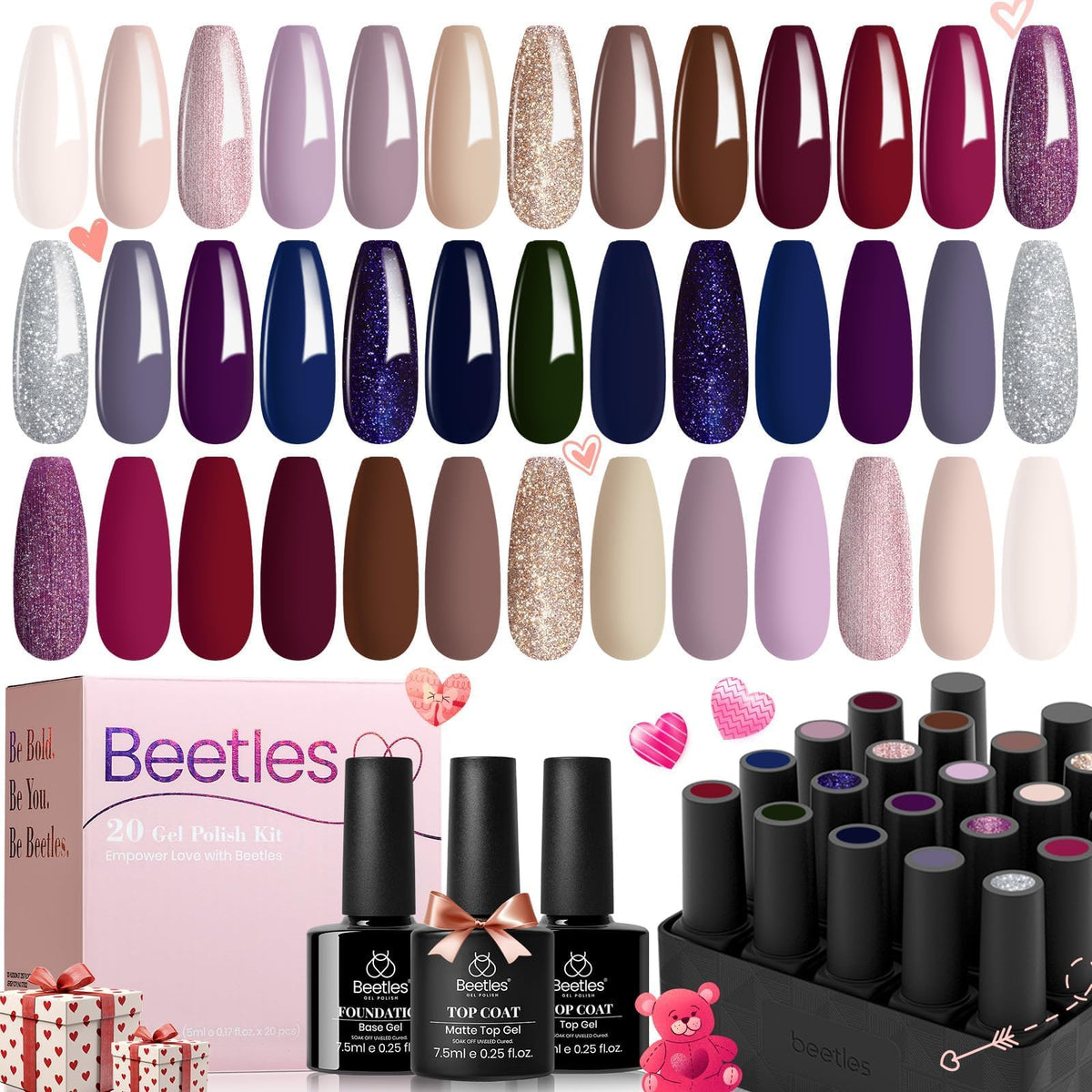 Beetles Fall Gel Nail Polish Set, 23Pcs Brown Burgundy Red Nude Pink