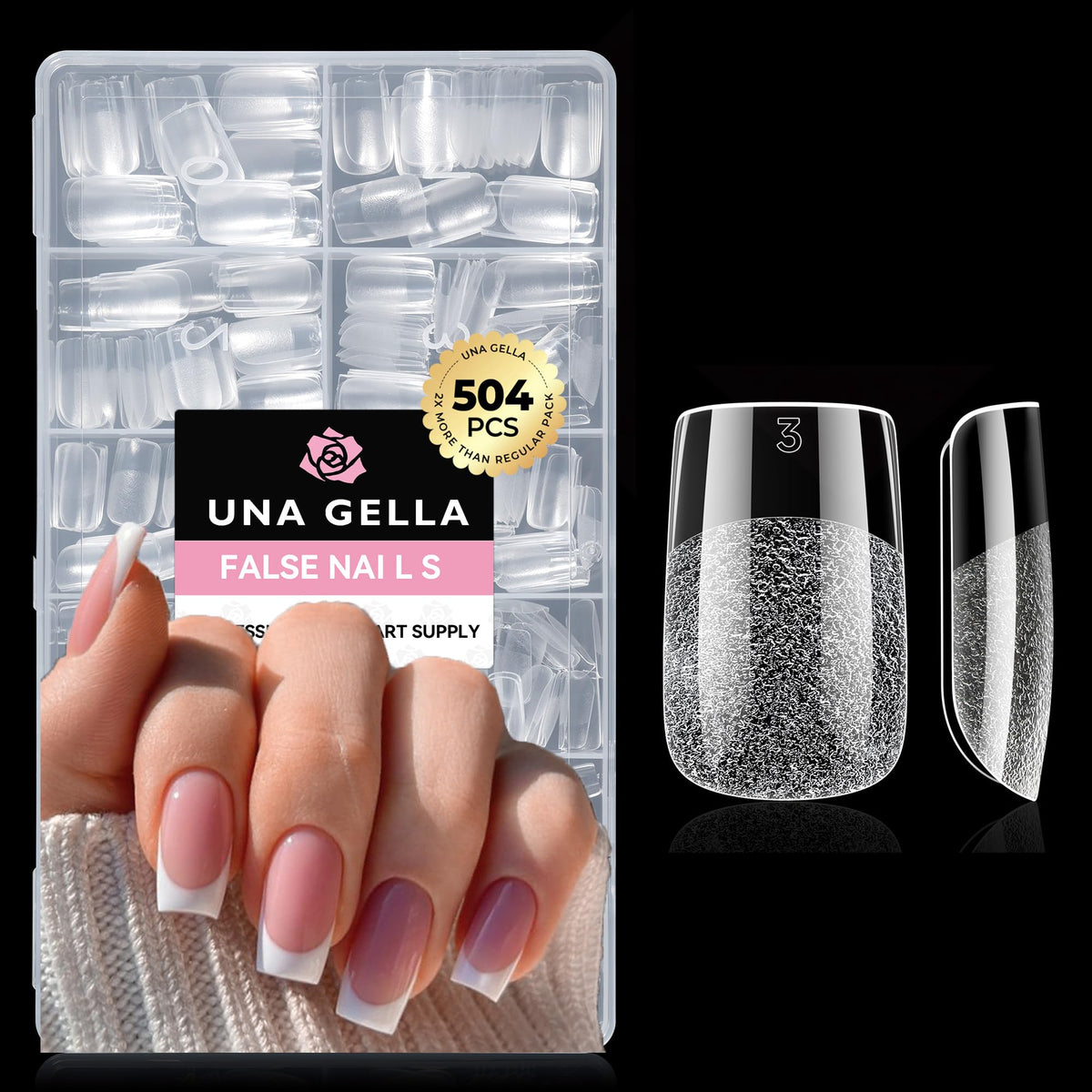 UNA GELLA Almond Gel Nail Tips 504PCS Pre-Etched Clear Fake Nails Tips