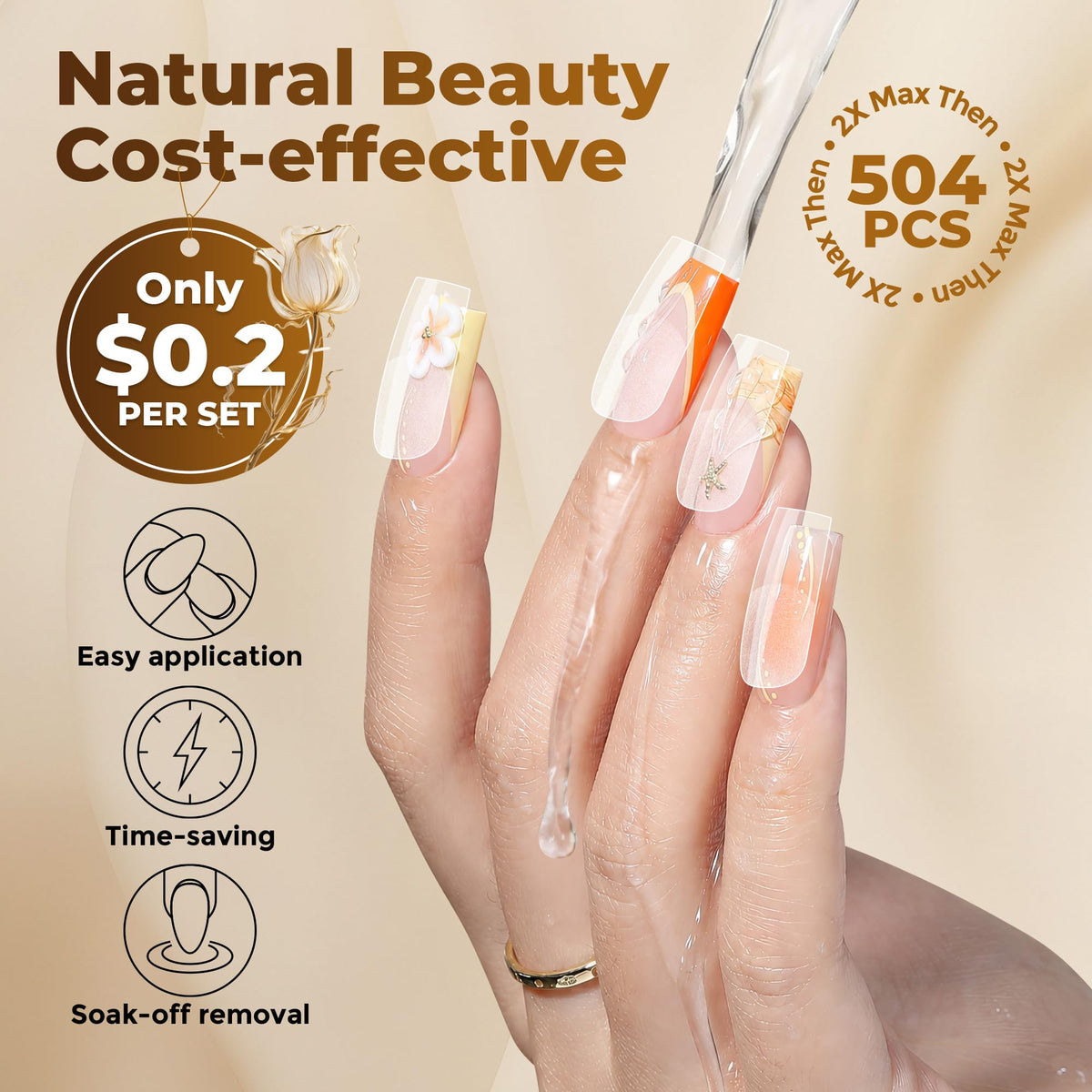 UNA GELLA Almond Gel Nail Tips 504PCS Pre-Etched Clear Fake Nails Tips