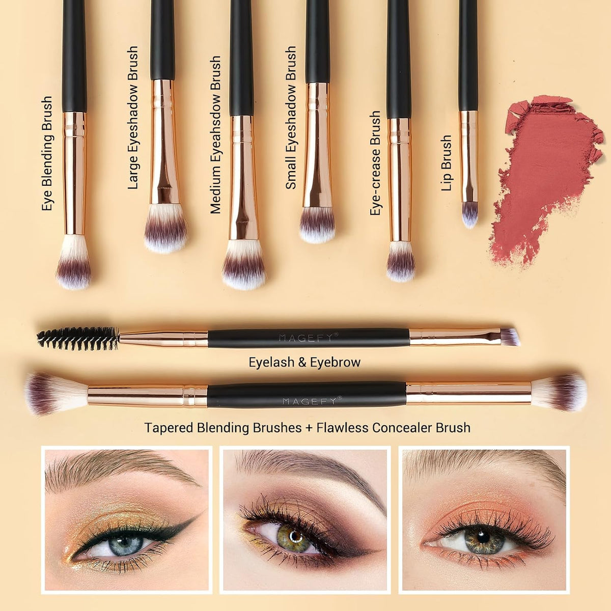 MAGEFY Makeup Brushes 12Pcs with Bag, Double-End Multi-functional for Foundation Powder Blush Eyeliner Eyeshadows brushes with Gift Box,Blackgold