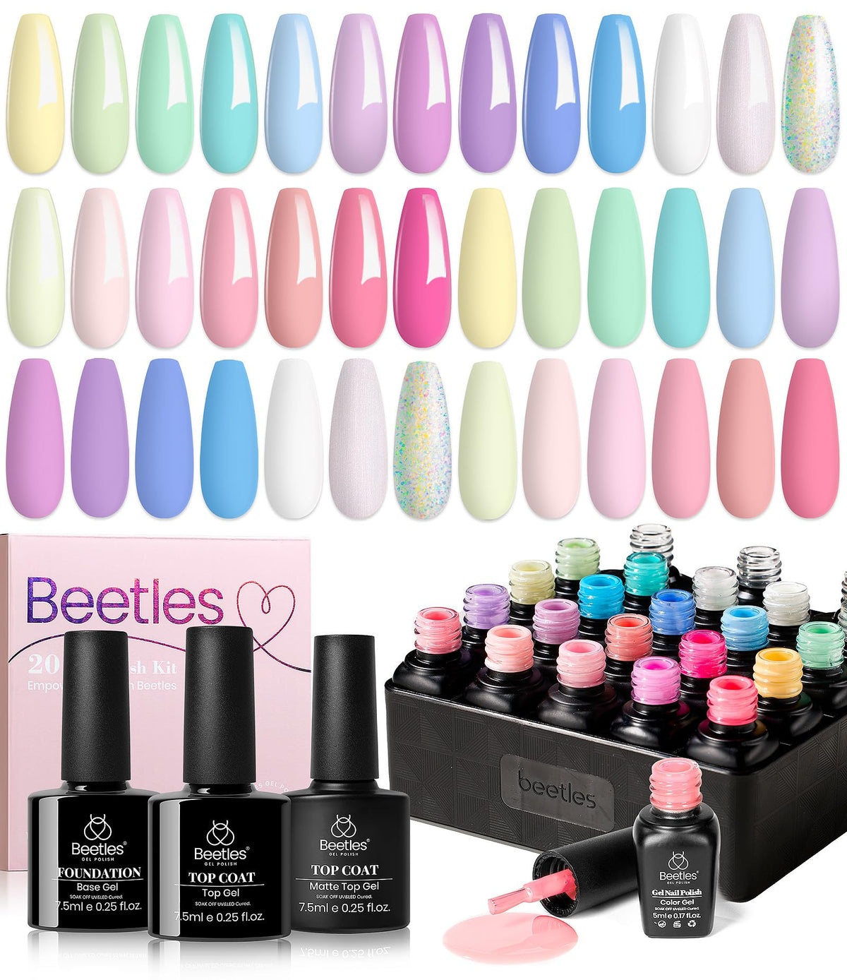 Beetles Gel Nail Polish Set, 63 PCS 55 Colors Gel Polish Kit with Base Coat