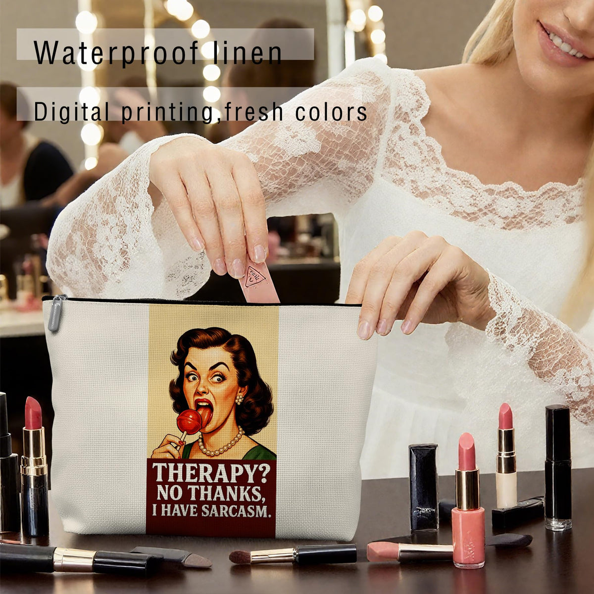 Retro Pinup Makeup Bag for Women, Vintage Pop Art Cosmetic Pouch, Sassy Funny Gifts for Girls, Bold Sarcastic Toiletry Bag, Unique Present