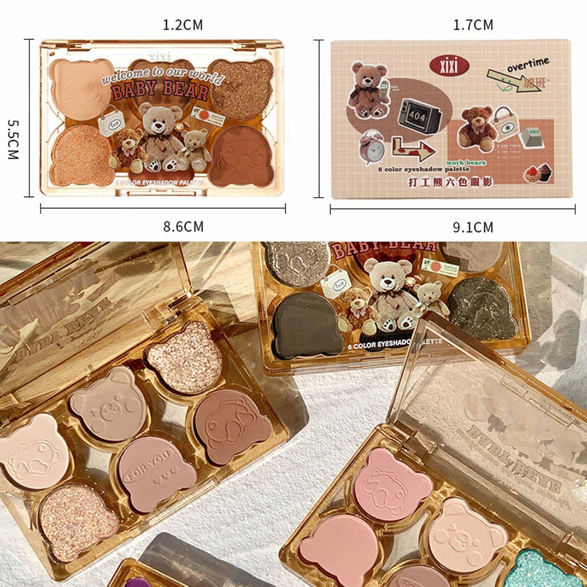 6 Color Eyeshadow Palette Matte & Shimmer Eyeshadows Blendable & Long Lasting Eye Shadow Blendable & Buildable Eye Makeup Cute Bear outer packaging