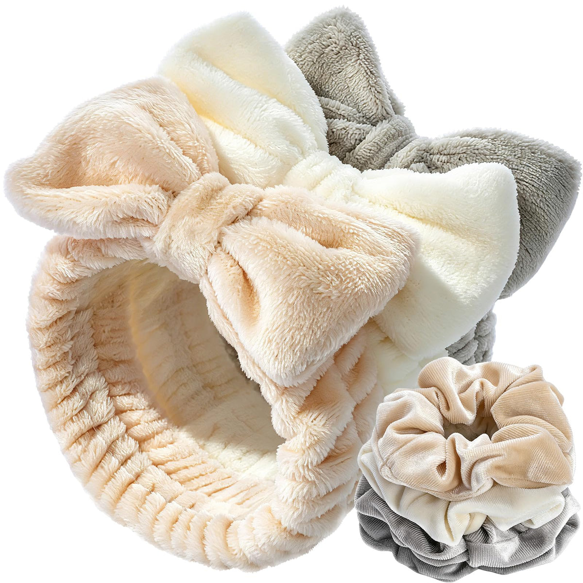 LEOBRO Spa Headband, 6pcs Makeup Headbands and Hair Scrunchies, Bow Skin Care Headband for Washing Face for Teen Girls Women, Easter Basket Valentines Christmas Gift for Girls, Black & White & Gray