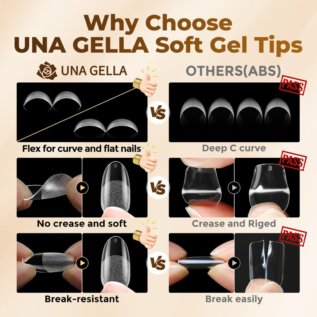 UNA GELLA Almond Gel Nail Tips 504PCS Pre-Etched Clear Fake Nails Tips