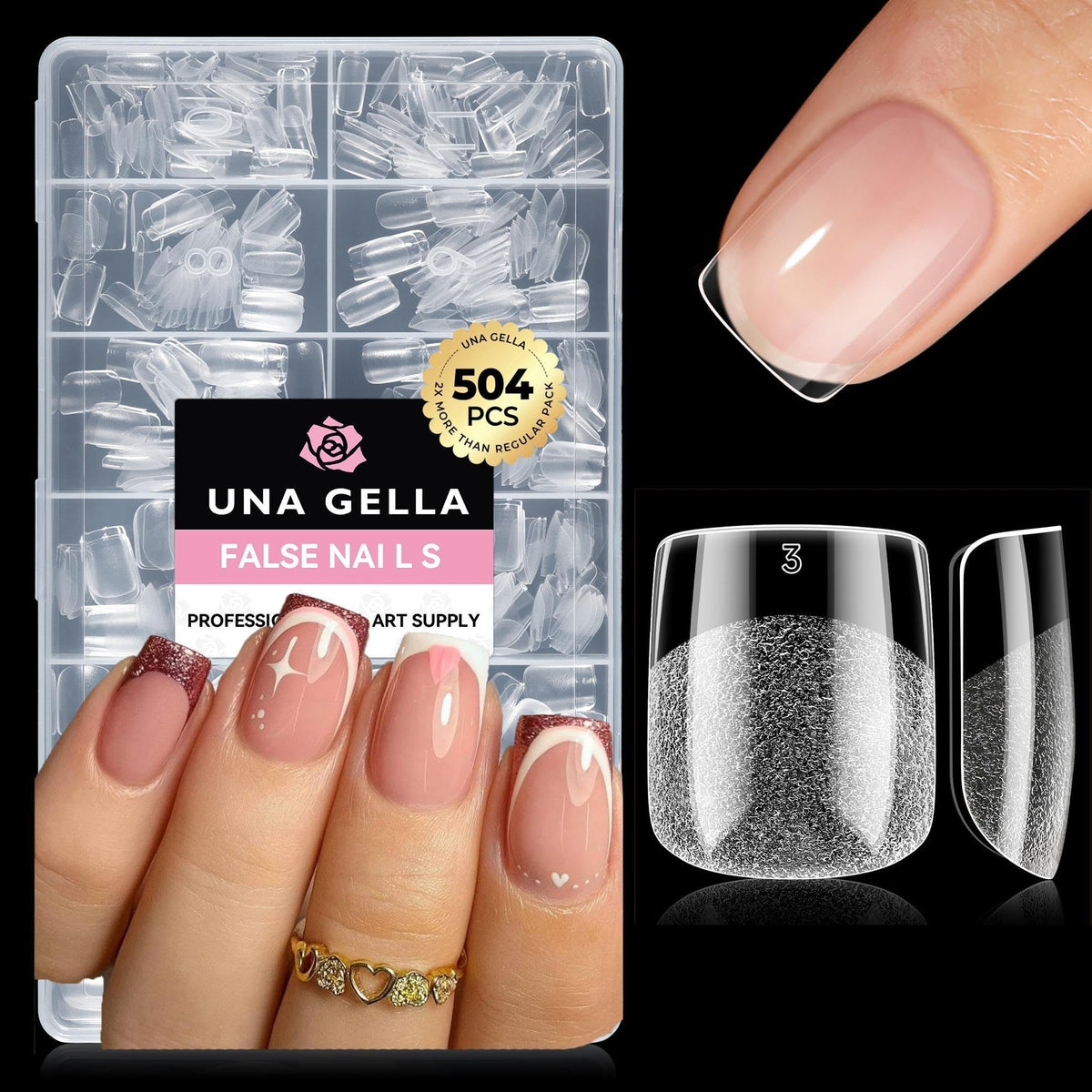 UNA GELLA Almond Gel Nail Tips 504PCS Pre-Etched Clear Fake Nails Tips