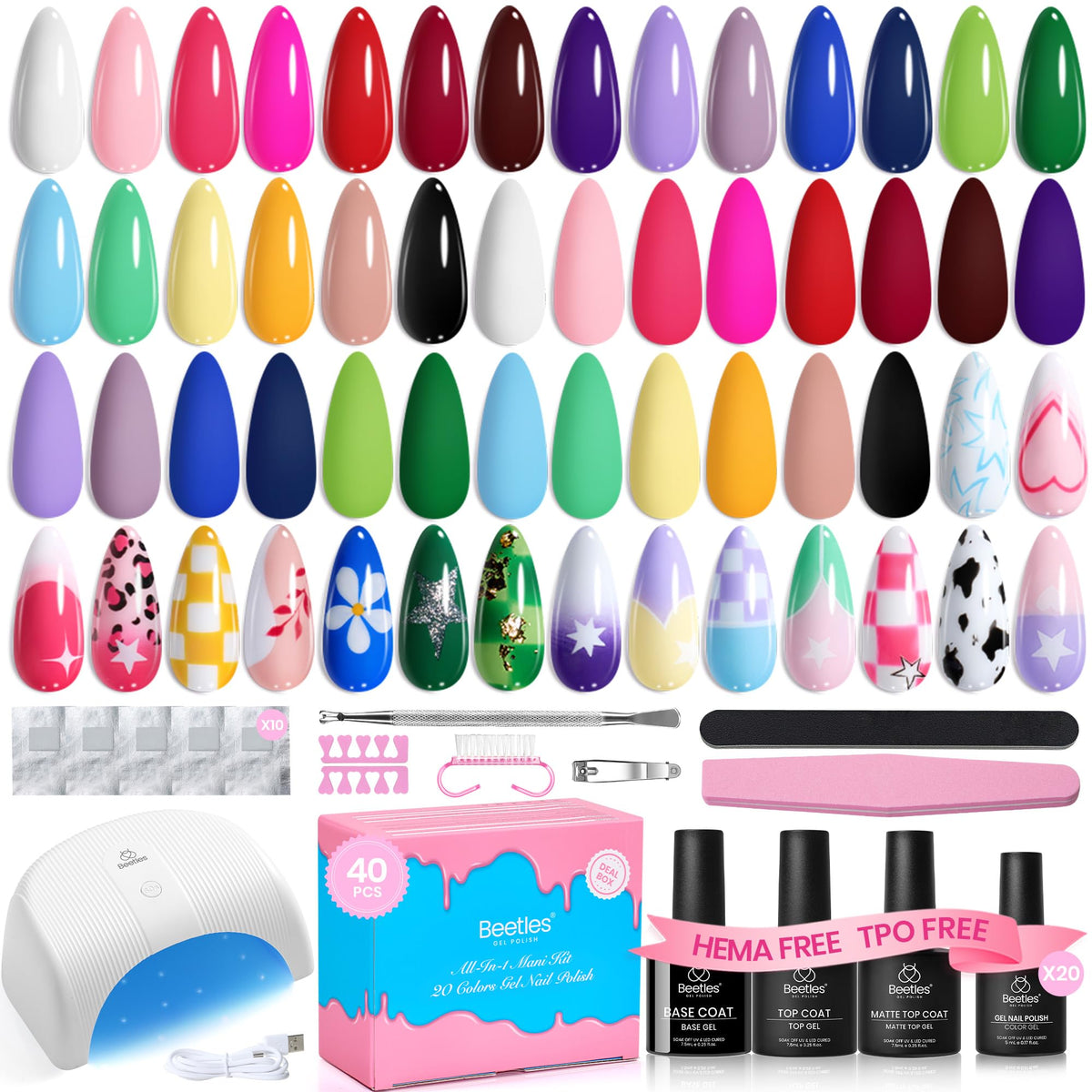 Beetles Gel Nail Polish Set, 63 PCS 55 Colors Gel Polish Kit with Base Coat