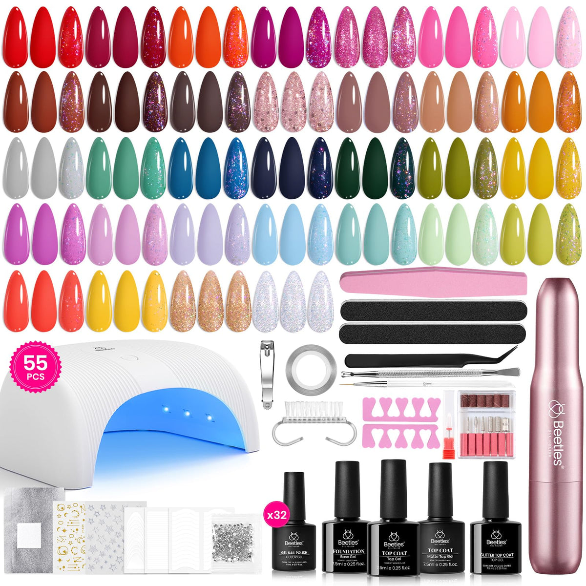 Beetles Gel Nail Polish Kit with U V Light - 80Pcs 55 Colors Gel Nail Kit