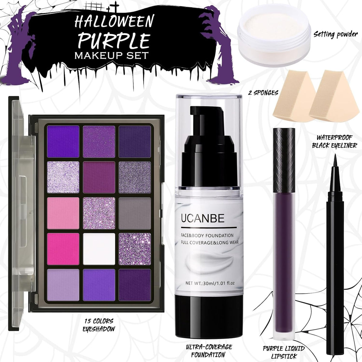 UCANBE Halloween Makeup Kit – 15-Color Purple Eyeshadow Palette, White Liquid Foundation, Purple Liquid Lipstick, Black Eyeliner, Setting Powder & Sponges Makeup Set for Cosplay Witch Devil Sorceress