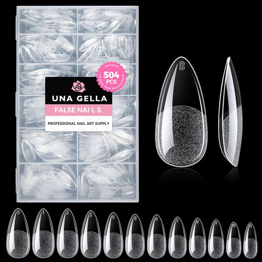 UNA GELLA Almond Gel Nail Tips 504PCS Pre-Etched Clear Fake Nails Tips