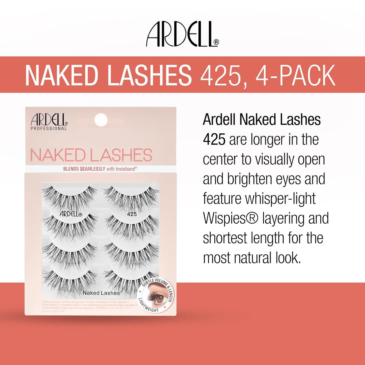 Ardell Naked Lashes 421 Subtle Volume Natural Look False Eyelashes, 4 Pairs