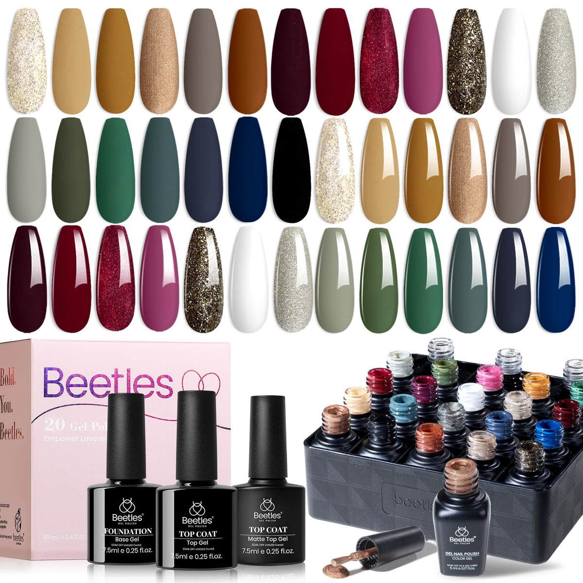 Beetles Fall Gel Nail Polish Set, 23Pcs Brown Burgundy Red Nude Pink