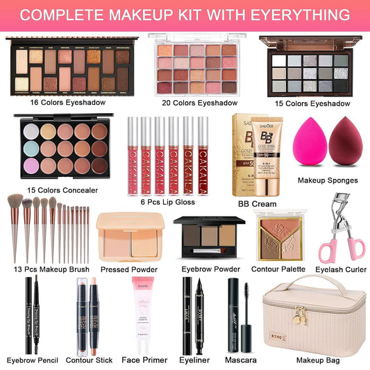 All in One Makeup Kit, Makeup Kit for Women Full Kit, Travel Make Up Gift Set for Women, Teens & Girls, Includes Eyeshadow Lipstick Eyeliner Eyebrow Pencil Brush Set, Beginners and Professionals Alike