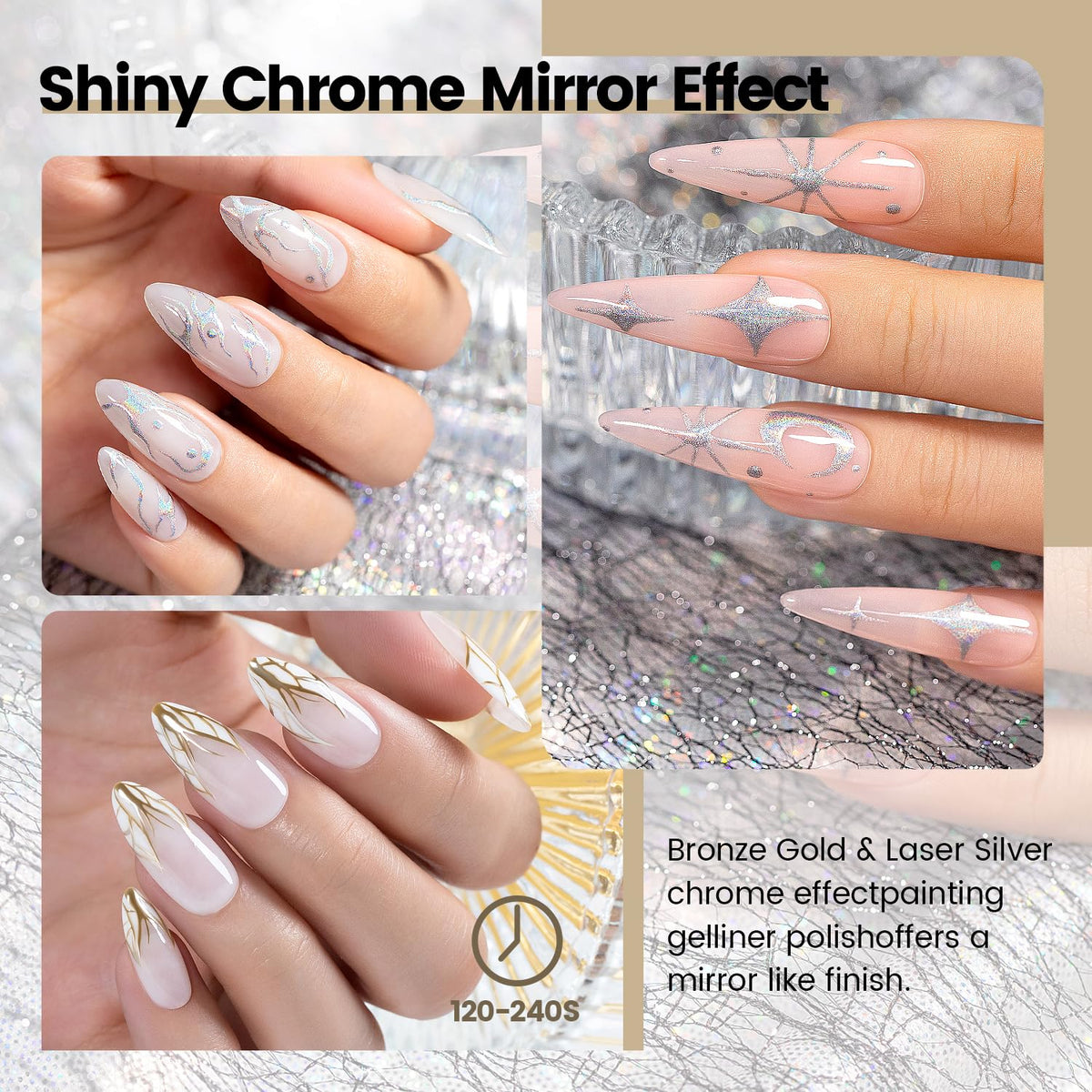 RARJSM Metallic Gel Liner Nail Art Silver Bronze Gold 2pcs Set Mirror Chrome 3D Effect Gel Nail Polish 8ml Build in Thin Brush Metal Painted Drawing Stripper Gelpolish Curing Requires for Home Salon