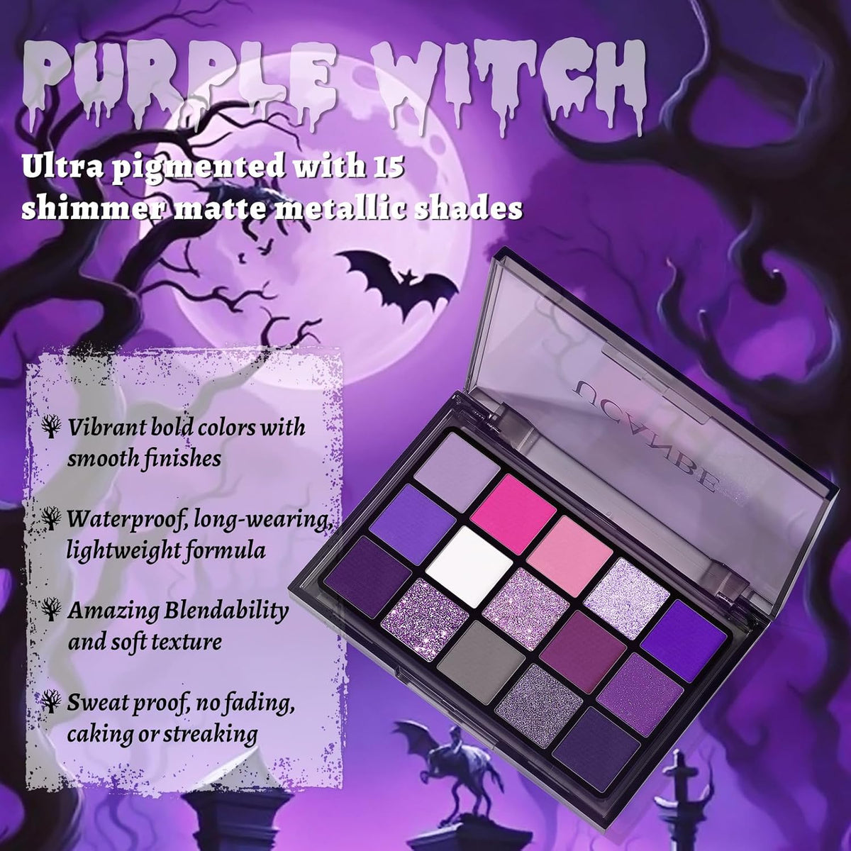 UCANBE Halloween Makeup Kit – 15-Color Purple Eyeshadow Palette, White Liquid Foundation, Purple Liquid Lipstick, Black Eyeliner, Setting Powder & Sponges Makeup Set for Cosplay Witch Devil Sorceress