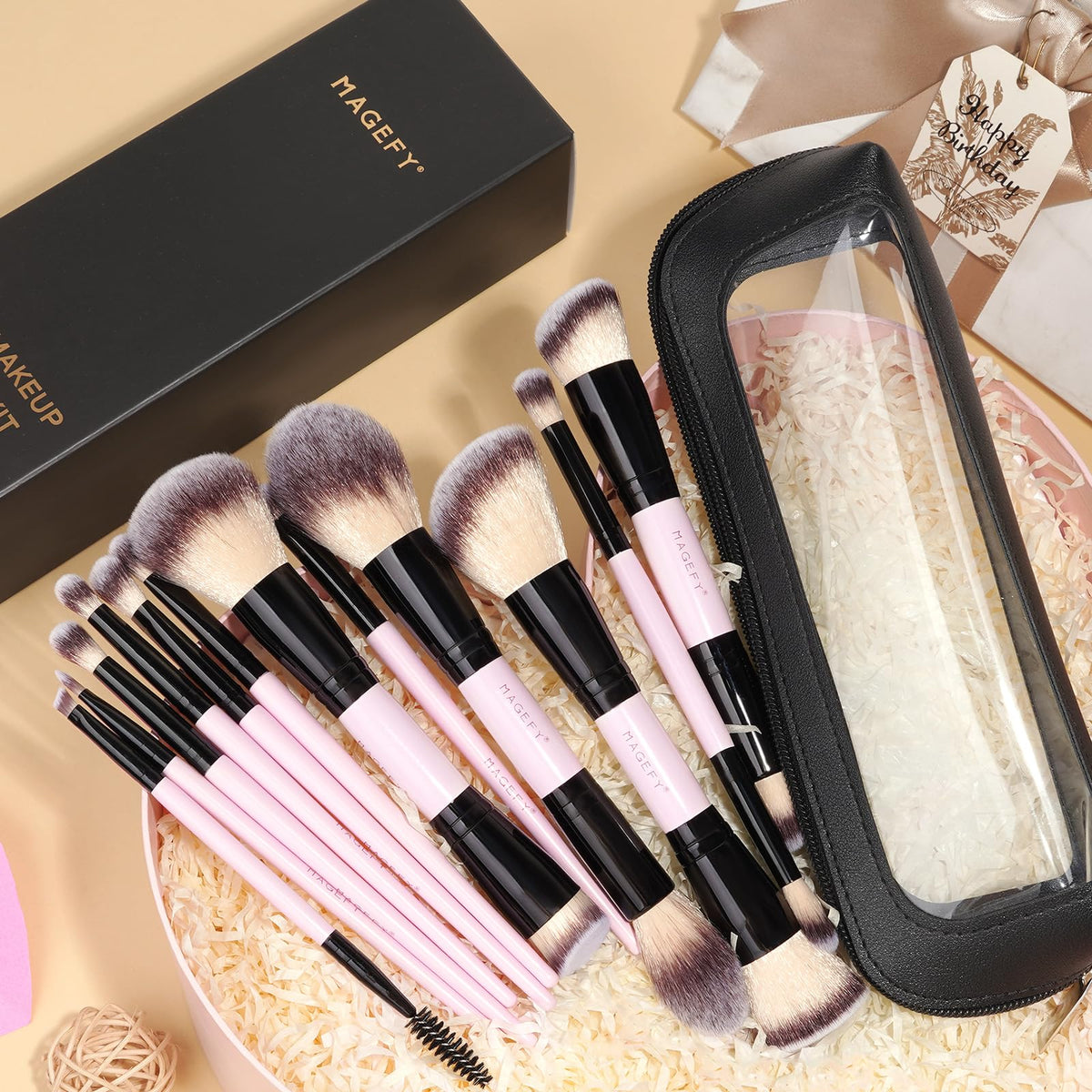 MAGEFY Makeup Brushes 12Pcs with Bag, Double-End Multi-functional for Foundation Powder Blush Eyeliner Eyeshadows brushes with Gift Box,Blackgold