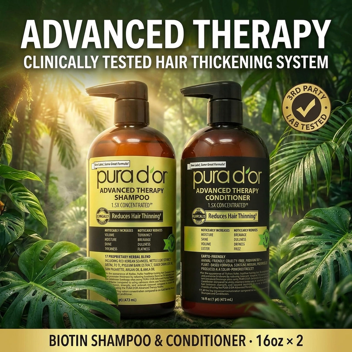 PURA D'OR Gold Label Anti-Thinning Biotin Shampoo & Conditioner, 16oz x2