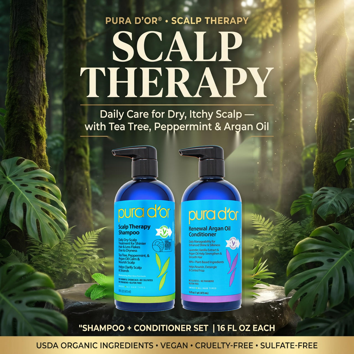 PURA D'OR Gold Label Anti-Thinning Biotin Shampoo & Conditioner, 16oz x2