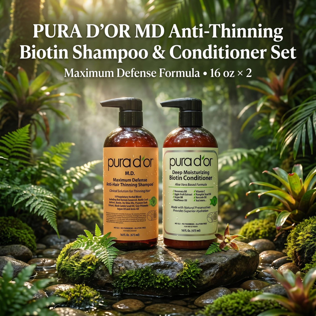 PURA D'OR Gold Label Anti-Thinning Biotin Shampoo & Conditioner, 16oz x2