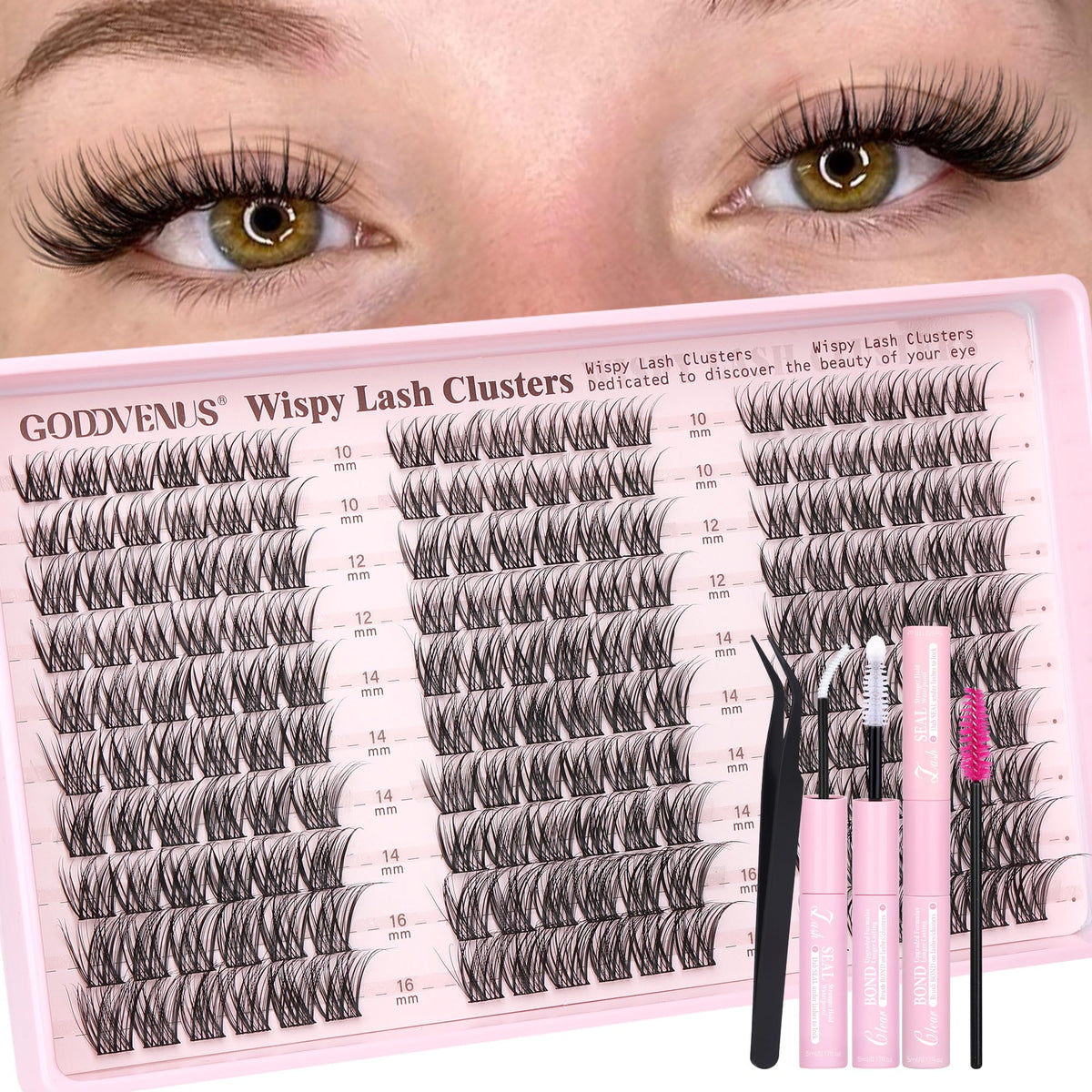 Goddvenus Lash Clusters Kit Wispy Eyelash Clusters Lashes Natural DIY Lash Extension Kit 10-16mm Cluster Eyelash Extensions Kit 300pcs C Curl Individual Lashes Cluster Eyelash (No Tweezers)