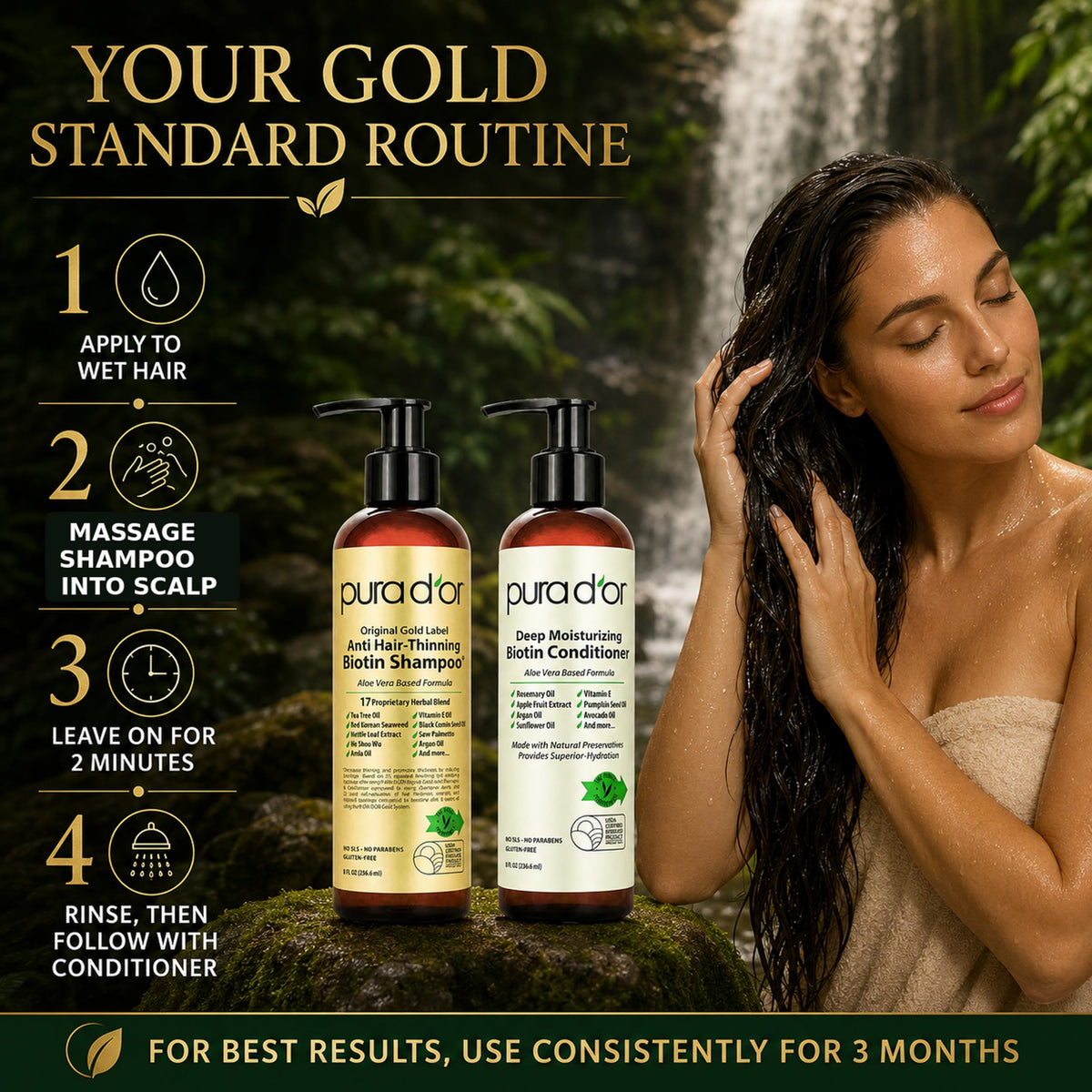 PURA D'OR Gold Label Anti-Thinning Biotin Shampoo & Conditioner, 16oz x2