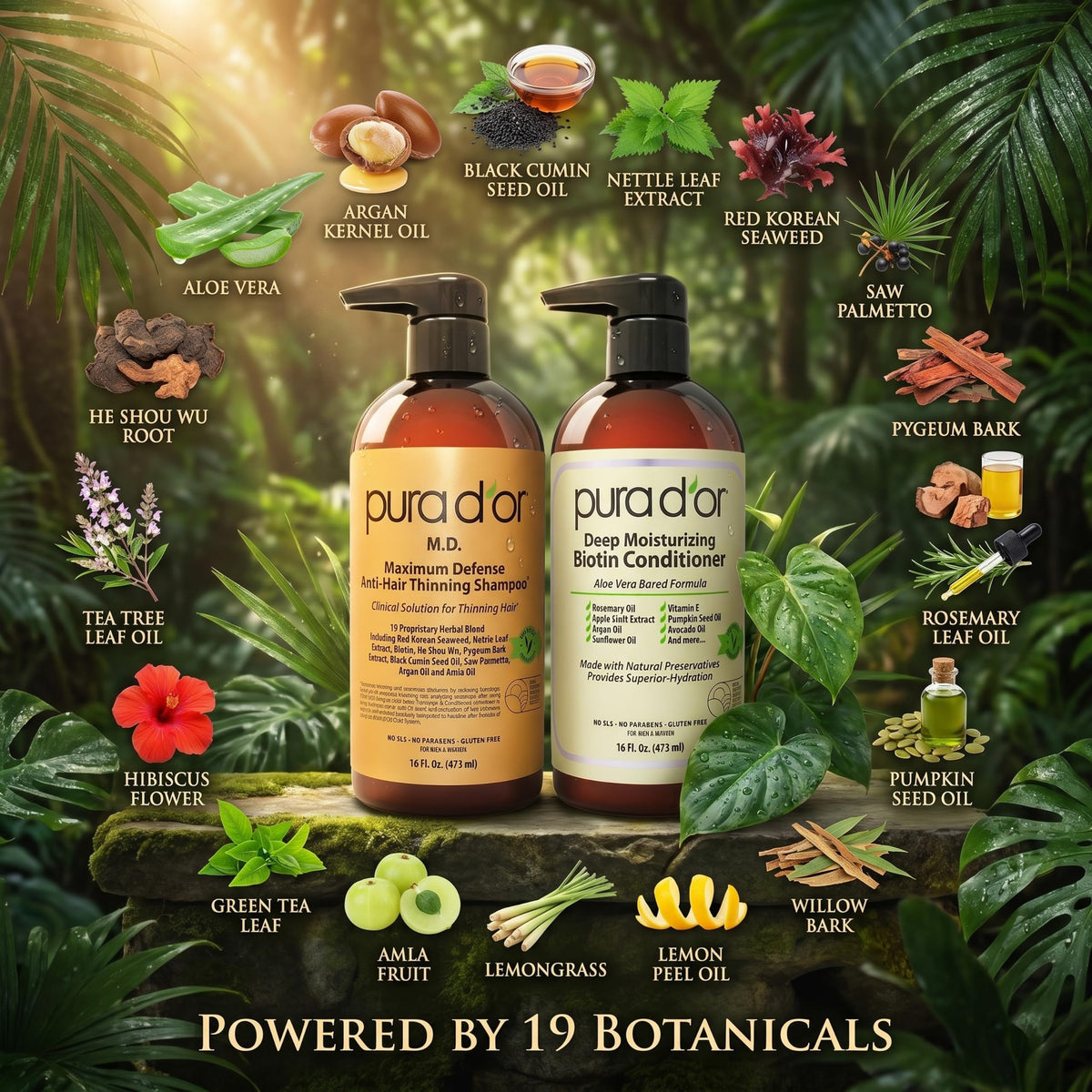 PURA D'OR Gold Label Anti-Thinning Biotin Shampoo & Conditioner, 16oz x2