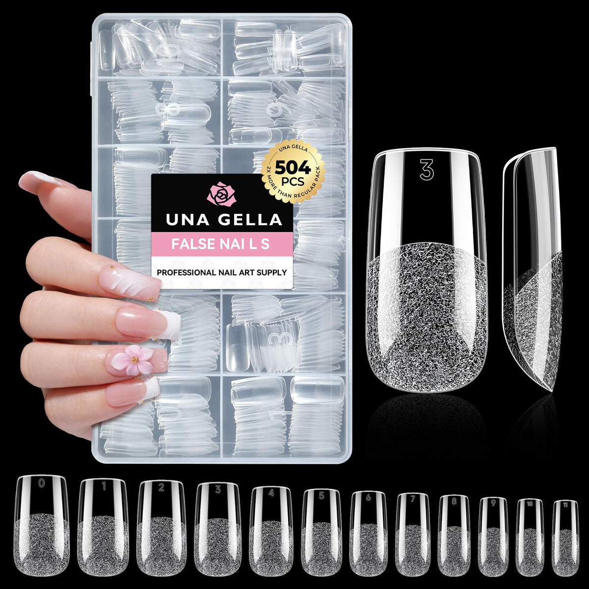 UNA GELLA Almond Gel Nail Tips 504PCS Pre-Etched Clear Fake Nails Tips