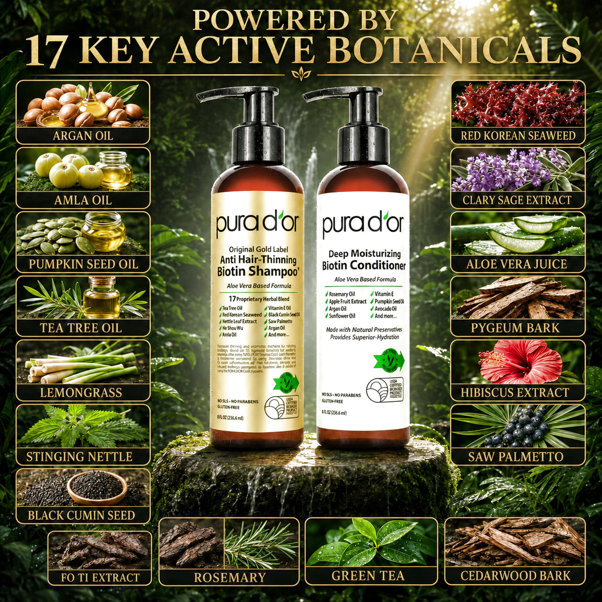 PURA D'OR Gold Label Anti-Thinning Biotin Shampoo & Conditioner, 16oz x2