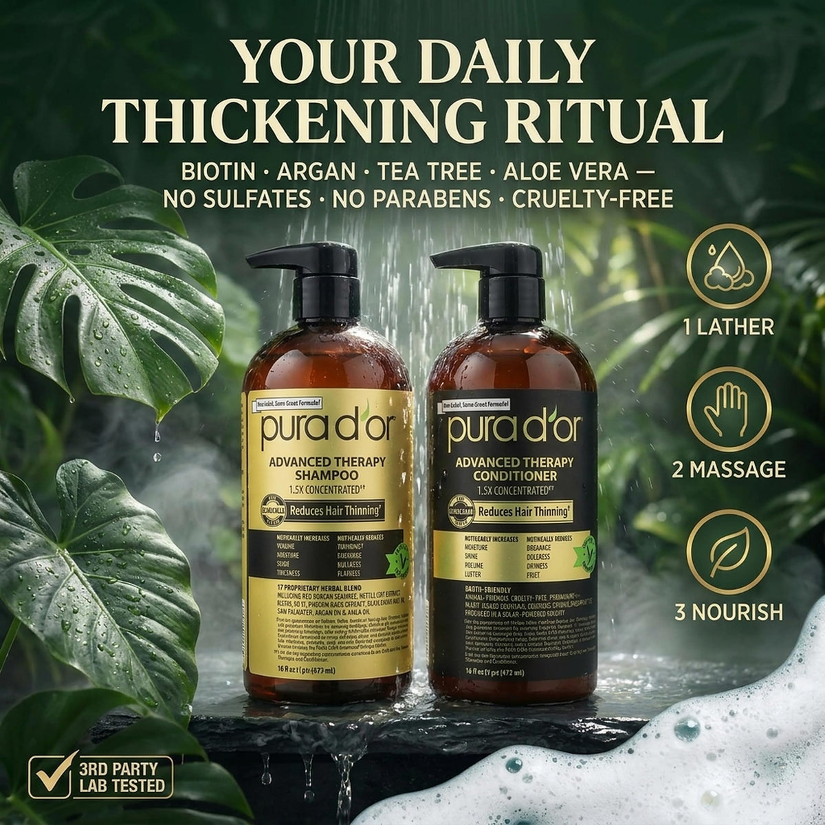 PURA D'OR Gold Label Anti-Thinning Biotin Shampoo & Conditioner, 16oz x2