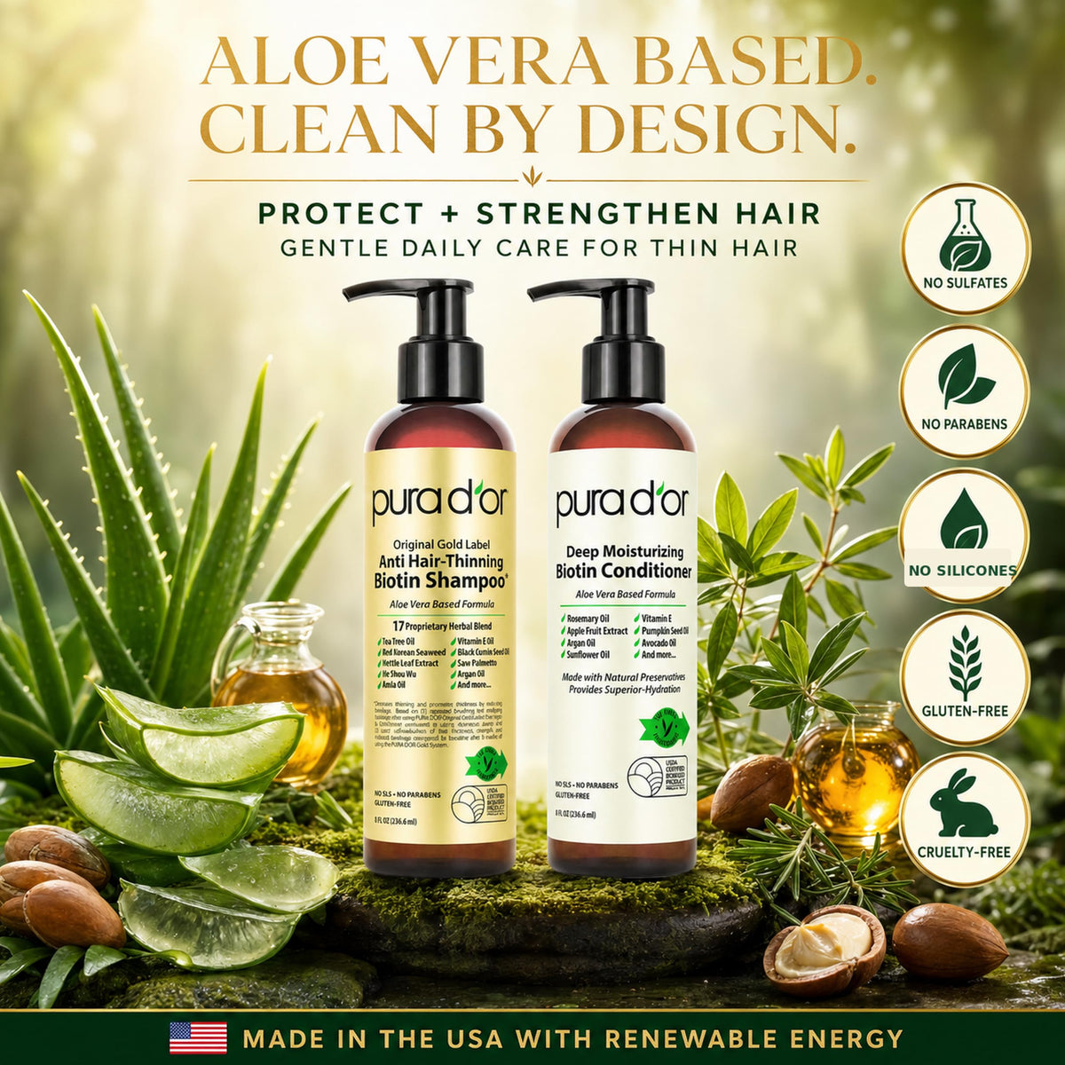 PURA D'OR Gold Label Anti-Thinning Biotin Shampoo & Conditioner, 16oz x2