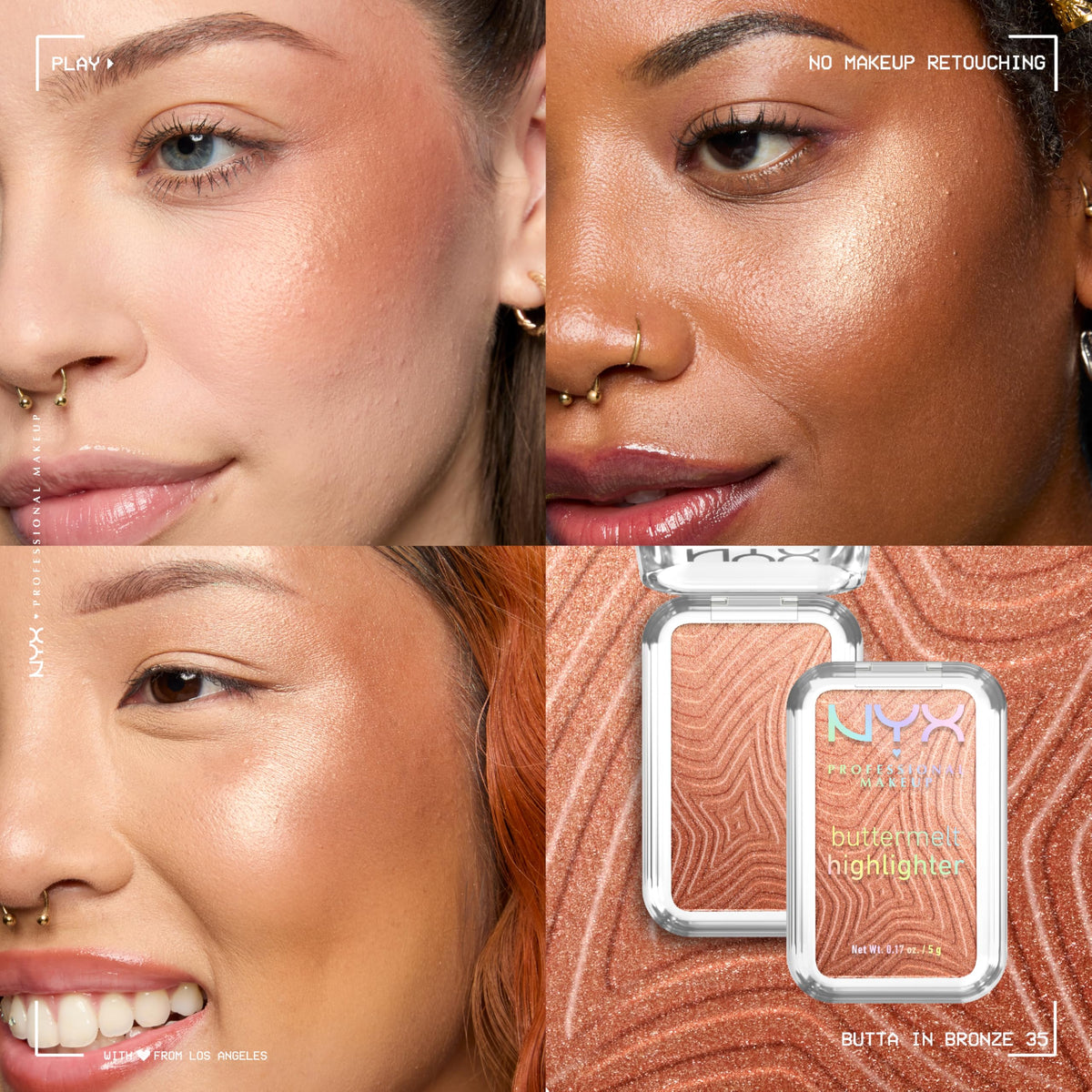 NYX PROFESSIONAL MAKEUP Buttermelt Highlighter, Powder Highlighter Makeup, With Up to 12H Wear and High Impact Glow - 05 Bright and Butta (Light Champagne)